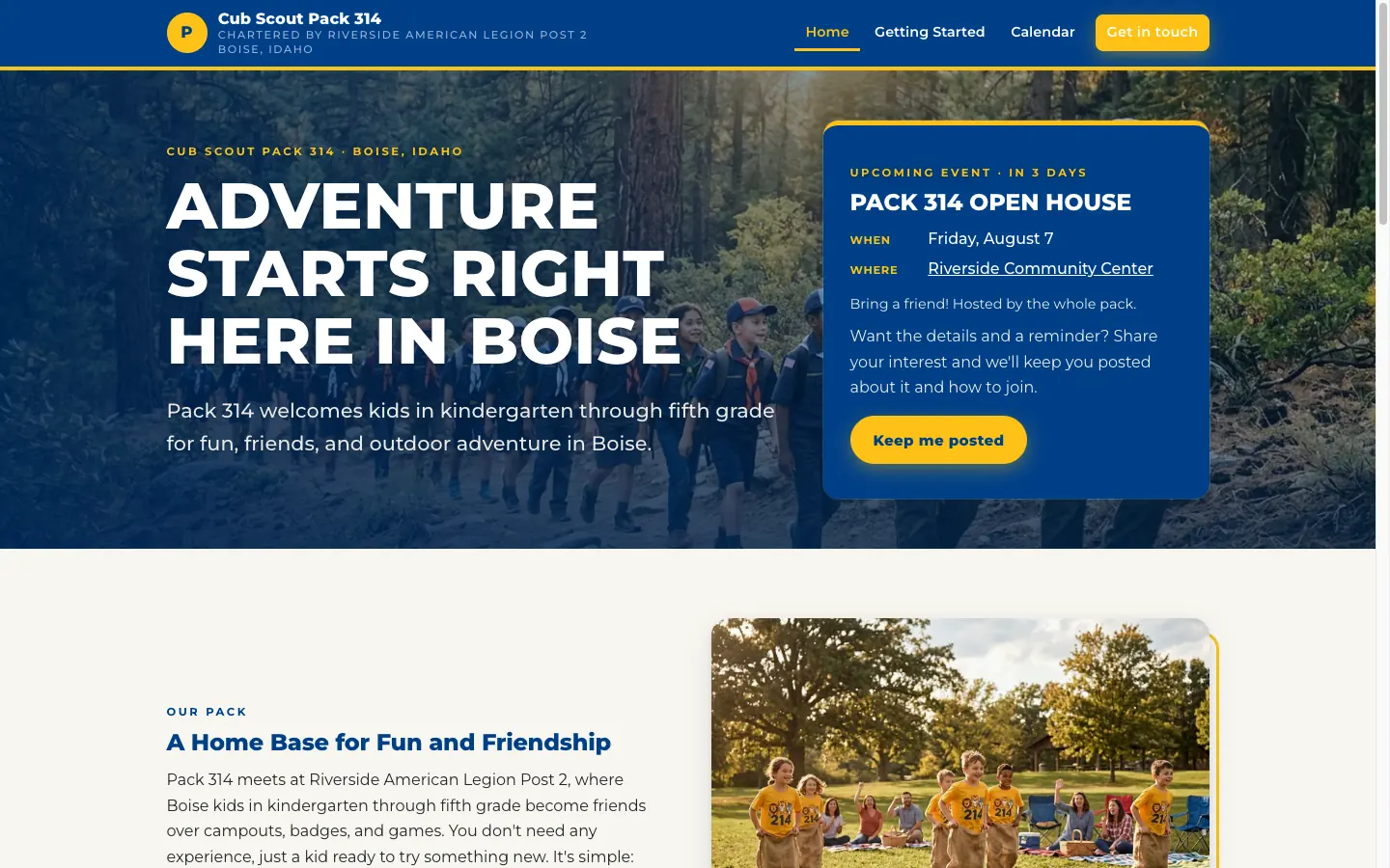 A pack’s public home page with a photo, the next open house, and a get in touch button