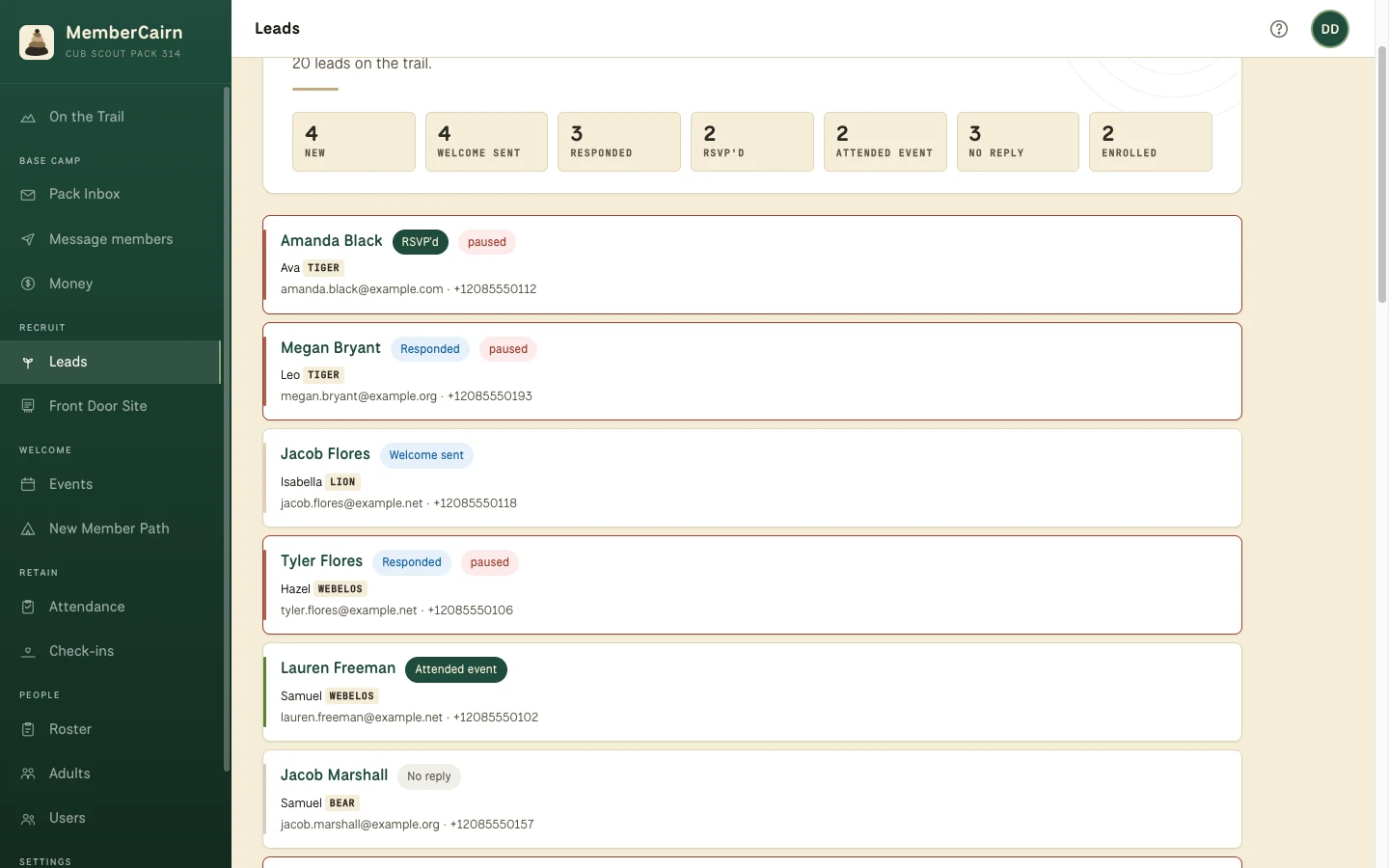 The lead pipeline: interested families grouped by where they are, with the ones waiting on a reply pulled to the top