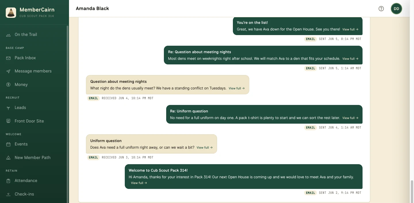 A conversation with an interested family, showing their questions and the answers sent back in the pack’s voice