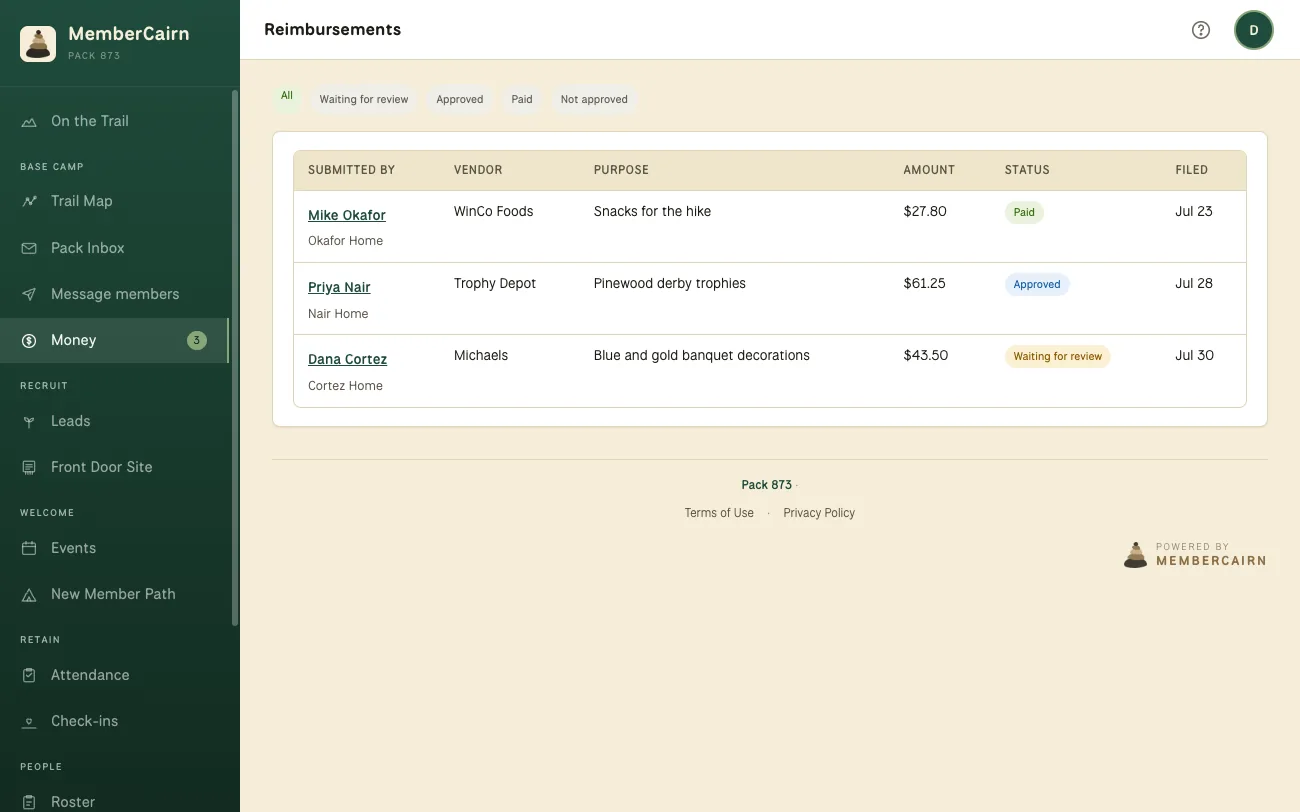 The reimbursement review queue: emailed receipts with vendor, purpose, and amount already read, one waiting for review, one approved, one paid